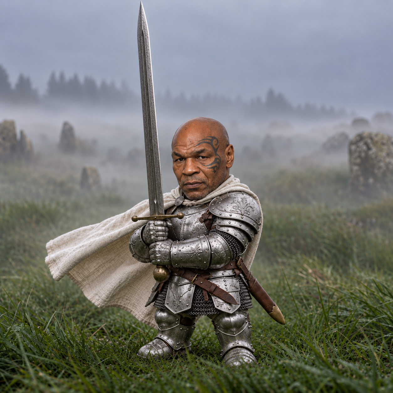 A tiny Mike Tyson knight in silver armor, holding a sword in a misty field